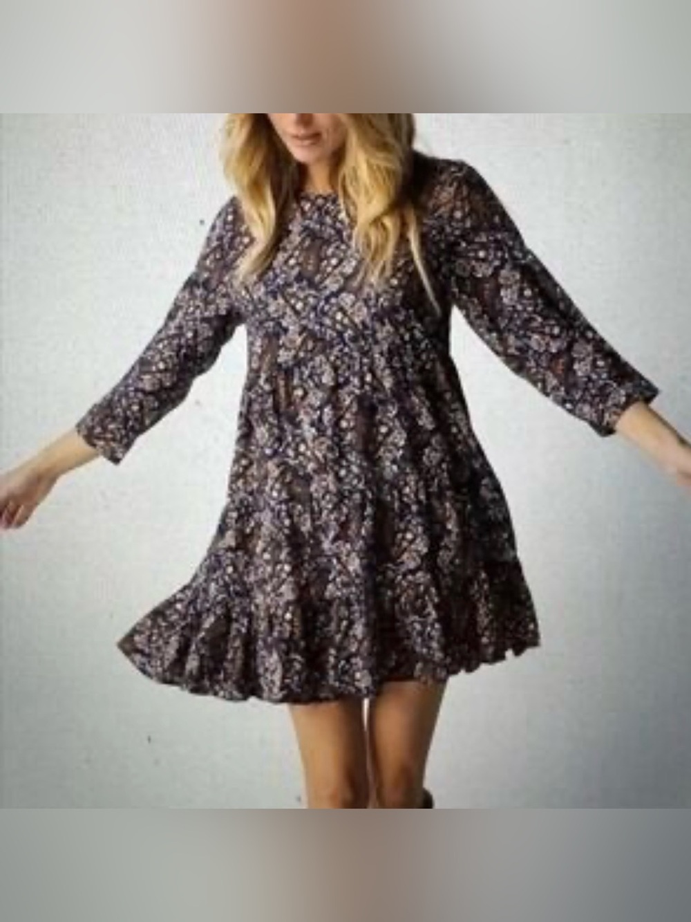 NEW NATURAL LIFE Size L Paisley Print Navy Blue Short Tiered Dress 3/4 SLEEVE